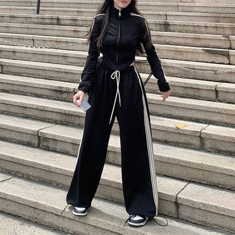 セットアップ ジャージ サイドライン トップス ワイドパンツ ジップアップ ショート丈 長袖 パンツ 韓国ファッション レディース 大人可愛い ガーリー カジュアル DTC-766005098158