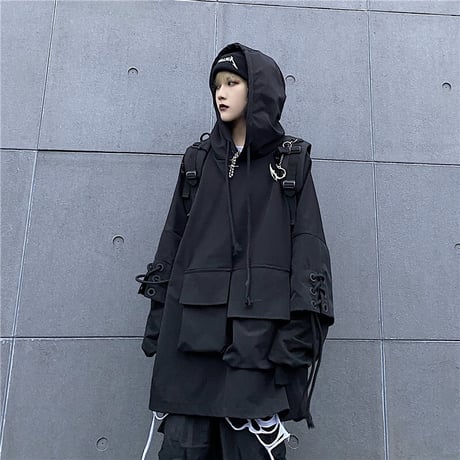 ユニセックス パーカー 袖レースアップ 重ね着風 プルオーバー 長袖 オーバーサイズ カジュアル 韓国ファッション メンズ レディース 韓国ストリートファッション DTC-653707770281