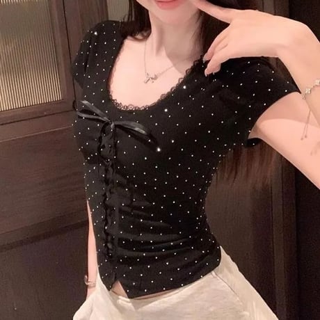 tシャツ ドット柄 リボン レース Vネック ショート丈 トップス スリムフィット ピチT タイトフィット 半袖 レトロ 大人可愛い ガーリー DTCA-897167822699