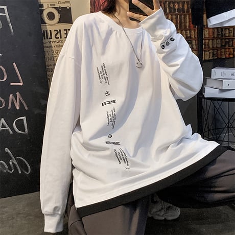 ユニセックス Tシャツ 長袖 韓国ファッション メンズ レディース ラウンドネック シンプル 英字 プリント オーバーサイズ 大きいサイズ ルーズ ストリート DTC-624323933048