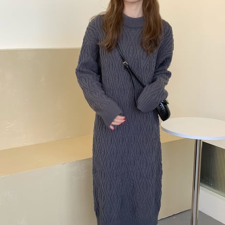 ニットワンピース ラウンドネック ルーズウエスト 韓国ファッション レディース ニット ワンピース ルーズ ロング丈 秋冬 ゆったり 大人可愛い ガーリー DTC-632018355010