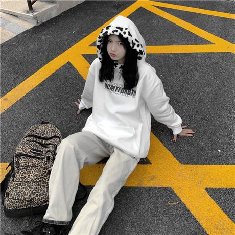 パーカー 裏起毛 牛柄 プルオーバー プラスベルベット 長袖 オーバーサイズ 韓国ファッション レディース  大きめ ルーズ カジュアル ストリートファッションDTC-632722559935)