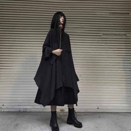 アシンメトリー ロングシャツ 長袖 ルーズ 韓国ファッション レディース シャツワンピース シャツ アシメ 不規則デザイン 暗黒系 ドルマンシャツ ガーリー DTC-601048675644