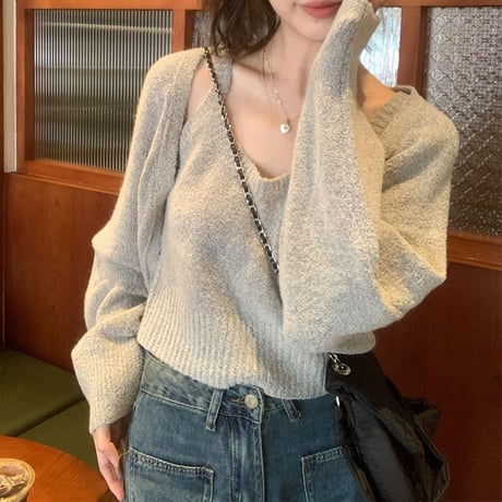 セット商品 ニットタンクトップ ニットカーディガン ショート丈 2点セット トップス ルーズ 長袖 レトロ 韓国ファッション レディース 大人可愛い ガーリー DTC-745073440660