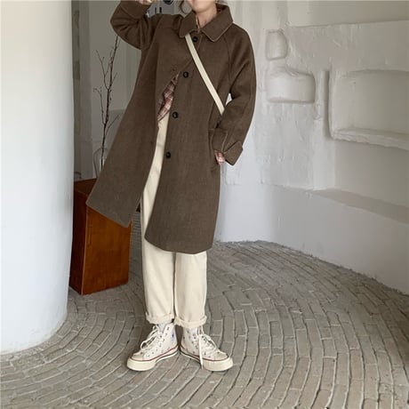 ステンカラーコート ウールコート ロングコート フェイクウール シングルブレスト アウター 長袖 韓国ファッション レディース ルーズ レトロ 大人可愛い ガーリー DTC-656977531859