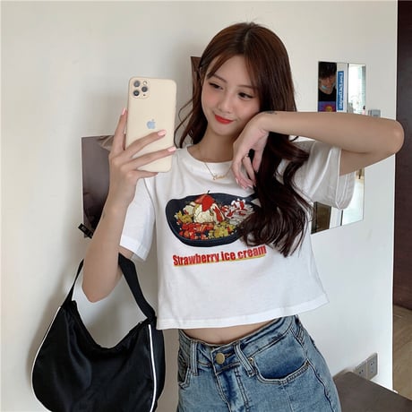 Tシャツ 半袖 ショート丈 ホワイト ストロベリーケーキ プリント 韓国ファッション レディース トップス かわいい カジュアル シンプル ガーリー DTC-621069135531_wt