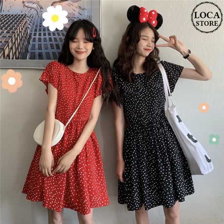 ワンピース ドット柄 韓国ファッション レディース Aライン ハイネック ミドル丈 ラウンドネック シンプル ガーリー フェミニン DTC-616578010538