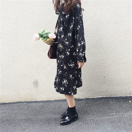 レディース リボン 花柄ワンピース ロング丈 ボウタイ フェミニン 韓国ファッション オルチャン (DCT-575431180054)