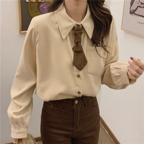 【3カラー】 ネクタイ付き ブラウス シャツ ポロカラー 長袖 ルーズ ゆったり レトロ 韓国ファッション レディース 大人可愛い ガーリー フェミニン カジュアル DTC-666006672660