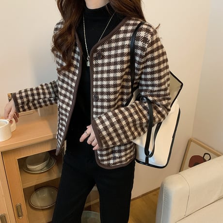 チェック柄 ショートジャケット ノーカラー 襟なし シングルブレスト 長袖 ルーズ レトロ 韓国ファッション レディース 大人可愛い ガーリ DTC-657458574513