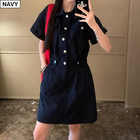 ミリタリー風 デニム ワンピース ウエストマーク ミニ丈 半袖 ハイウエスト Aライン ミニワンピース レトロ 韓国ファッション レディース 大人可愛い ガーリー DTCA-677512236115