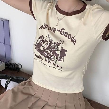 レトロプリント Tシャツ ショート丈 半袖 クルーネック スリムフィット レトロ カジュアル ストリートファッション ストリート系女子 DTCA-702505709620