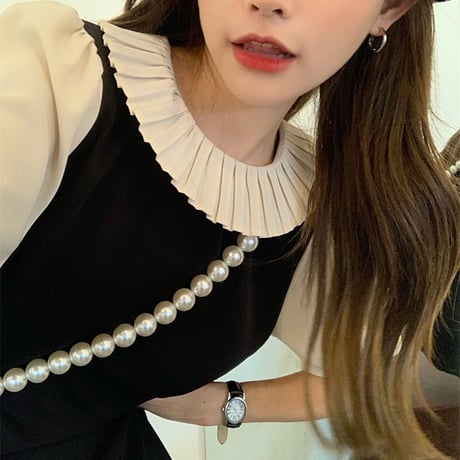 フェイクレイヤード ワンピース ラッフルカラー ルーズウエスト パフ袖 韓国ファッション レディース ドッキングワンピース 半袖 大人可愛い ガーリーDTC-650140231486)