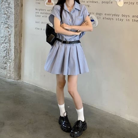 ストライプ柄 シャツワンピース 半袖 プリーツ ショート丈 ミニワンピース Aライン ワンピース レトロ 大人可愛い ガーリー 韓国ファッション レディース DTC-793096900642