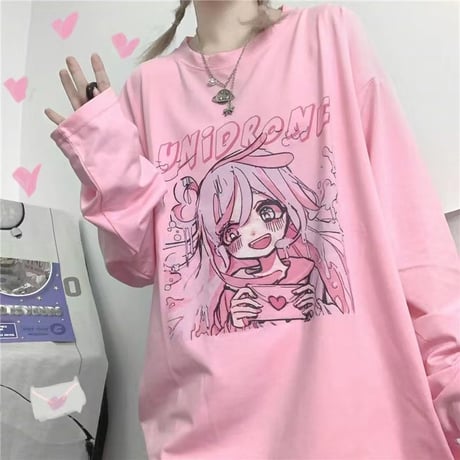 Tシャツ 長袖 女の子プリント オーバーサイズ 大きめ ロンT カジュアル 病み可愛い 病みかわ 地雷系 韓国ストリートファッション 韓国ファッション レディース DTC-636364376342