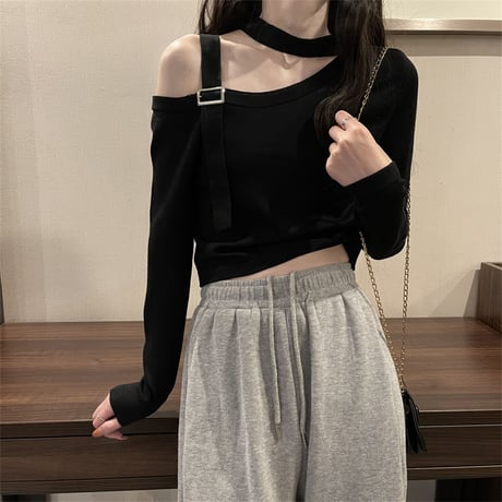 ワンショルダー tシャツ ニット トップス カットソー オフショルダー 肩だし 肩見せ 肩開き 長袖 レトロ 韓国ファッション レディース 大人可愛い ガーリー DTC-652525181958
