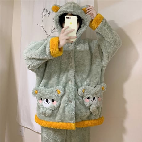 ルームウェア パジャマ セットアップ 耳付き クマ ベアー もこもこ ボア 上下セット 部屋着 寝間着 大人可愛い ガーリー DTC-657185962102