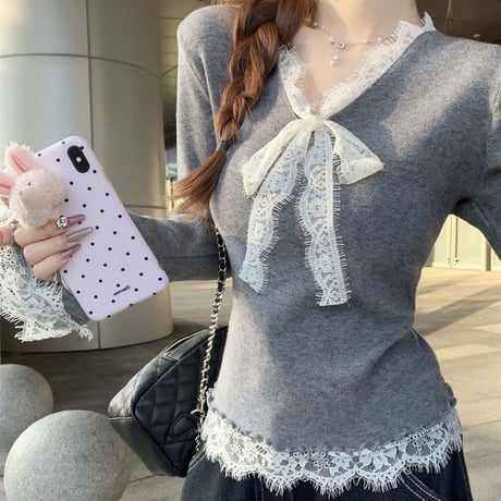 ニット Vネック レース リボン スリムフィット スリムニット トップス プルオーバー ニットソー 長袖 レトロ 大人可愛い ガーリー DTCA-858493602267