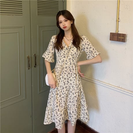 花柄ワンピース Vネック ハイウエスト 半袖 韓国ファッション レディース ワンピ フラワープリント 大人可愛い ガーリー DTC-640279162781