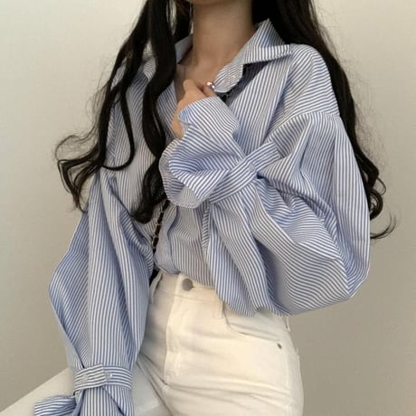 ストライプ柄 ブラウス パフスリーブ 袖ベルト シャツ トップス ルーズ 長袖 レトロ 韓国ファッション レディース 大人可愛い ガーリー DTCA-781970734875