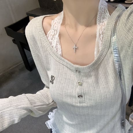 ニット レース ドッキング ヘンリーネック トップス Tシャツ フェイクレイヤード スリムフィット スクエアネック レトロ 韓国ファッション 大人可愛い ガーリー DTC-878983680406