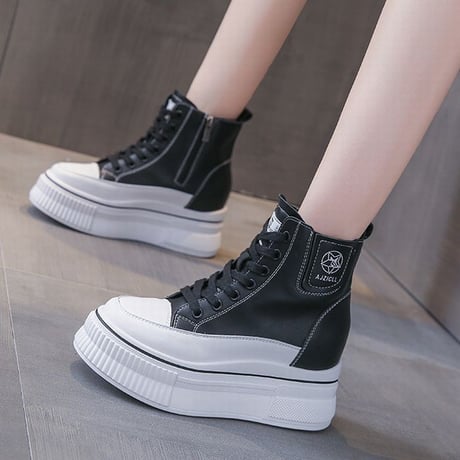 厚底 ハイカットスニーカー 22.0～25.0cm インソール サイドジッパー ファスナー ショートブーツ シューレース カジュアル 韓国ファッション レディース DTC-682592669522