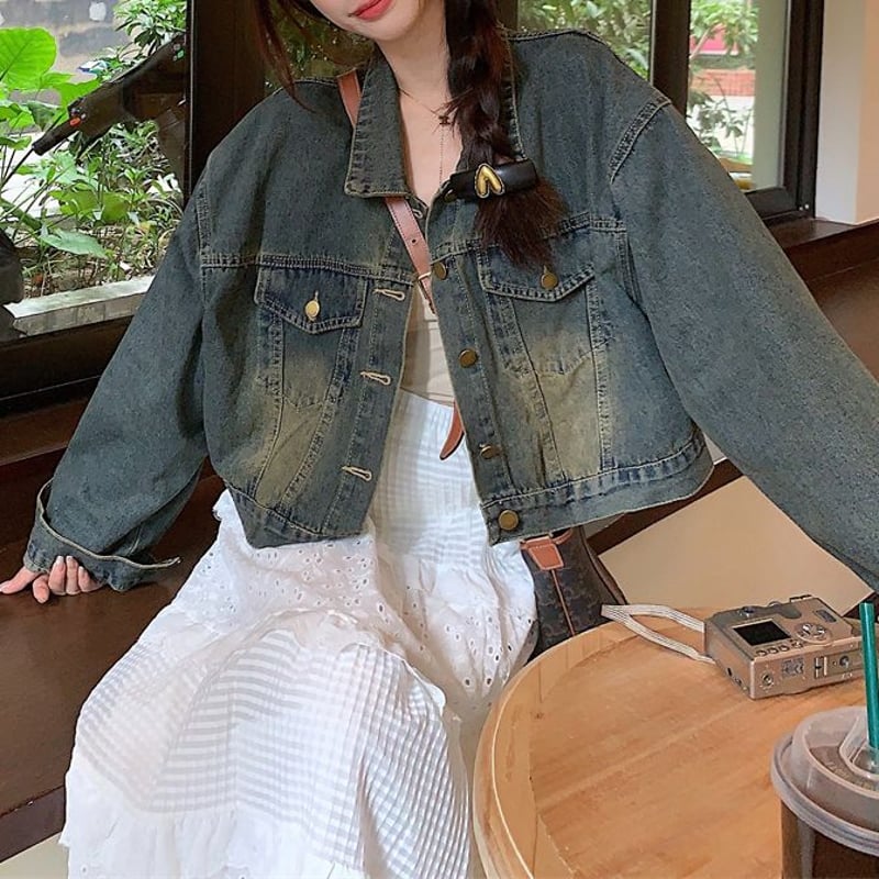 デニムジャケット バックレースアップ ショート丈 編み上げ ウォッシュ