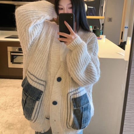 カーディガン ニット デニムミックス 異素材 オーバーサイズ 長袖 ルーズ ゆったり レトロ 韓国ファッション レディース 大人可愛い ガーリー カジュアル DTC-738962872965