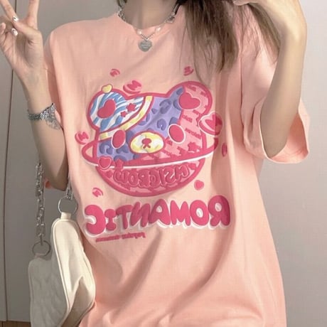 Tシャツ 半袖 クマちゃん ベアー プリント ビックサイズ 韓国ファッション レディース トップ 大きめ オーバーサイズ カジュアル ストリートファッション DTC-645684918459