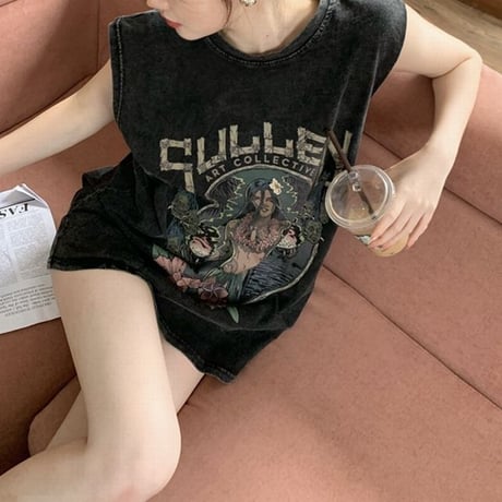 ヴィンテージ風 ノースリーブ ウォッシュ加工 タンクトップ tシャツ トップス オーバーサイズ ルーズ レトロ 大人可愛い ガーリー カジュアル ストリート女子 DTCA-795945053217