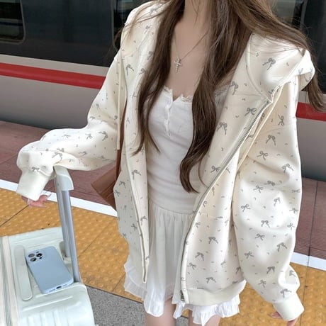 リボン柄 フーディー ジップアップ パーカー オーバーサイズ フード付き スウェット トップス ゆったり 長袖 レトロ 大人可愛い ガーリー カジュアル DTCA-847686384244