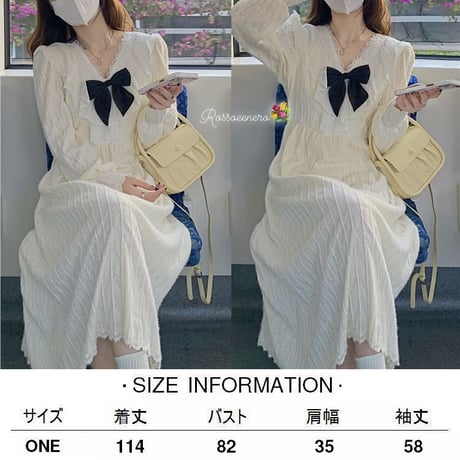 ワンピース リボン フリル 裏起毛 Vネック ハイウエスト ロング丈 Aライン 長袖 レトロ 韓国ファッション レディース 大人可愛い ガーリー フェミニン DTC-664791241864