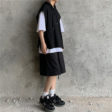フェイクレイヤード フードベスト ＆ Tシャツ 半袖 ストリートファッション カジュアル 韓国ファッション レディース パーカーベスト ストリート系 DTC-617309764616