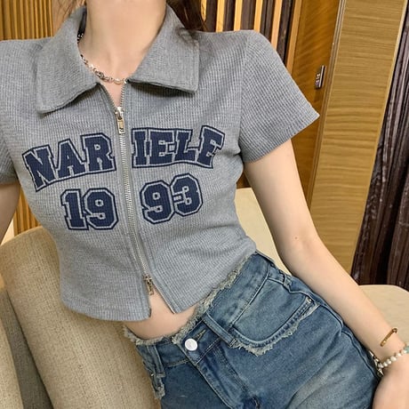 ダブルジップ ワッフル トップス 襟付き Tシャツ クロップド丈 ショート丈 レタープリント 半袖 シンプル ルーズ レトロ 大人可愛い ガーリー カジュアル DTCA-711769972021