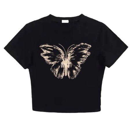 tシャツ バタフライ柄 クロップド丈 ショート丈 スリムフィット トップス スリムトップス 半袖 レトロ 大人可愛い ガーリー カジュアル ストリート女子 DTCA-763444372549