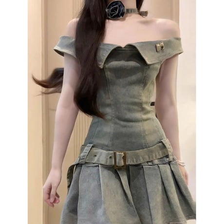 デニムワンピース ノースリーブ オフショルダー Aライン デニム ミニワンピース レトロ 大人可愛い ガーリー Y2Kファッション DTCA-803483945595