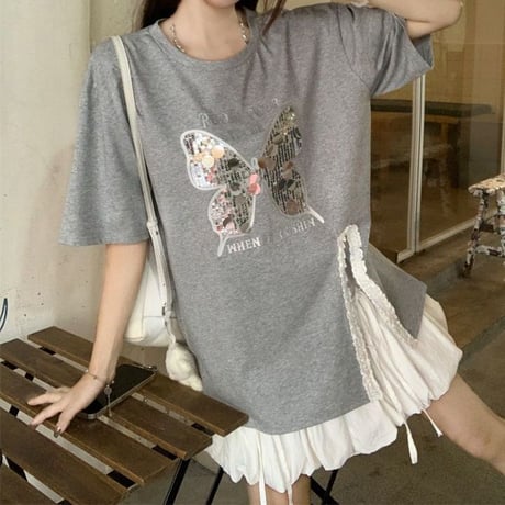 Tシャツ スパンコール バタフライ 蝶 レース スリット キラキラ トップス ルーズ 半袖 レトロ 韓国ファッション レディース 大人可愛い ガーリー DTC-797869272696