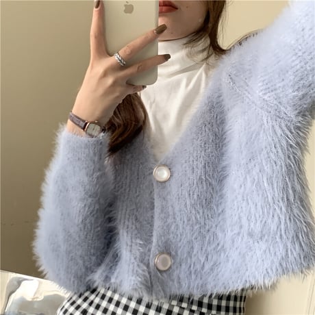 クロップド丈 ニットカーディガン シングルブレスト シャギー風 Vネック 薄手 長袖 ショート丈 レトロ 韓国ファッション レディース 大人可愛い ガーリー DTC-628749209744