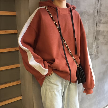 袖ライン パーカー 韓国ファッション レディース ドロップショルダー アウター ゆったり 長袖 春 秋 冬 大人カジュアル 韓国 オルチャンファッション (DTC-605612506136)