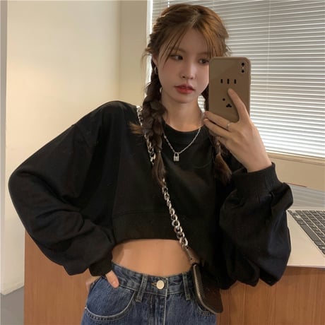クロップド丈 トレーナー 薄手 ドロップショルダー ゆったり プルオーバー 長袖 ショート丈 レトロ 韓国ファッション レディース 大人可愛い ガーリー カジュアル DTC-656440978189