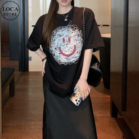 Tシャツ スマイリー フェイス プリント トップス 半袖 オーバーサイズ レトロ 韓国ファッション レディース 大人可愛い ガーリー カジュアル DTC-809615850942