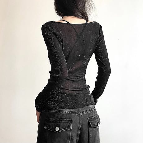 シアートップス スパンコール トップス ロンT シアーtシャツ ドレープネック スリムフィット タイト プルオーバー tシャツ 長袖 レトロ 大人可愛い ガーリー DTCA-815071796982