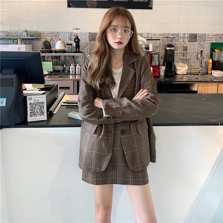 セットアップ チェック柄 ジャケット ＋ スカート 韓国ファッション レディース シングルブレスト ハイウエスト 春 秋 韓国 (DTC-603693177273)