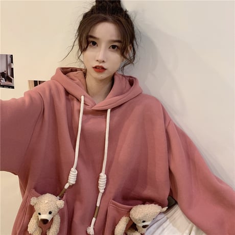 パーカー 裏起毛 クマのぬいぐるみ ベアー プルオーバー 長袖 ルーズ 韓国ファッション レディース スウェット ゆったり 大きめ カジュアル ストリート系 DTC-629418331286