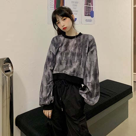 タイダイ染め トレーナー ショート丈 薄手 長袖 ルーズ トップス レトロ 韓国ファッション レディース ガーリー カジュアル ストリート系 DTC-625718801834
