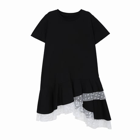 アシンメトリー ワンピース ドット柄レース 半袖 韓国ファッション レディース ドット柄 レース メッシュ ゆったりウエスト ロング 大人カジュアル 大人可愛い 620113017197