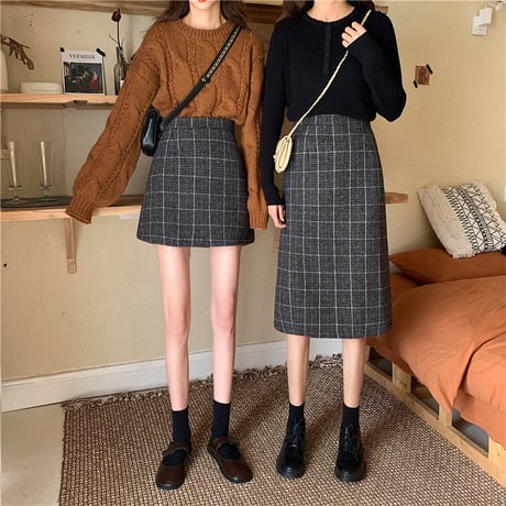 【2点セット】 ミニスカート ＋ ロングスカート 韓国ファッション レディース スカート グレー チェック柄 ハイウエスト タイトスカート ウール レトロ (DTC-605623602308_01)