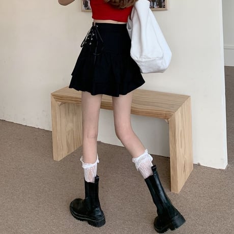 ティアードスカート ミニスカート サイドレースアップ 編み上げ ラッフルフリル ハイウエスト ゆったり 韓国ファッション レディース 大人可愛い ガーリー ゴシック DTC-666437390593