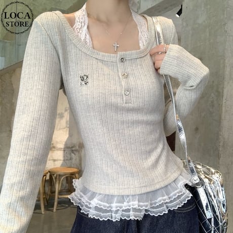 ニット レース ドッキング ヘンリーネック トップス Tシャツ フェイクレイヤード スリムフィット スクエアネック レトロ 韓国ファッション 大人可愛い ガーリー DTC-878983680406