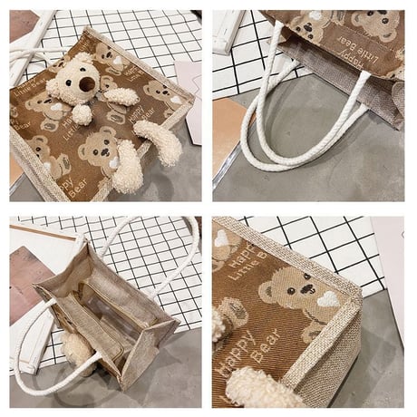 クマのぬいぐるみ付き 麻バッグ クマ柄 ハンドバッグ キャンバスバッグ ミニバッグ ジッパー シンプル レトロ DTC-642371601971